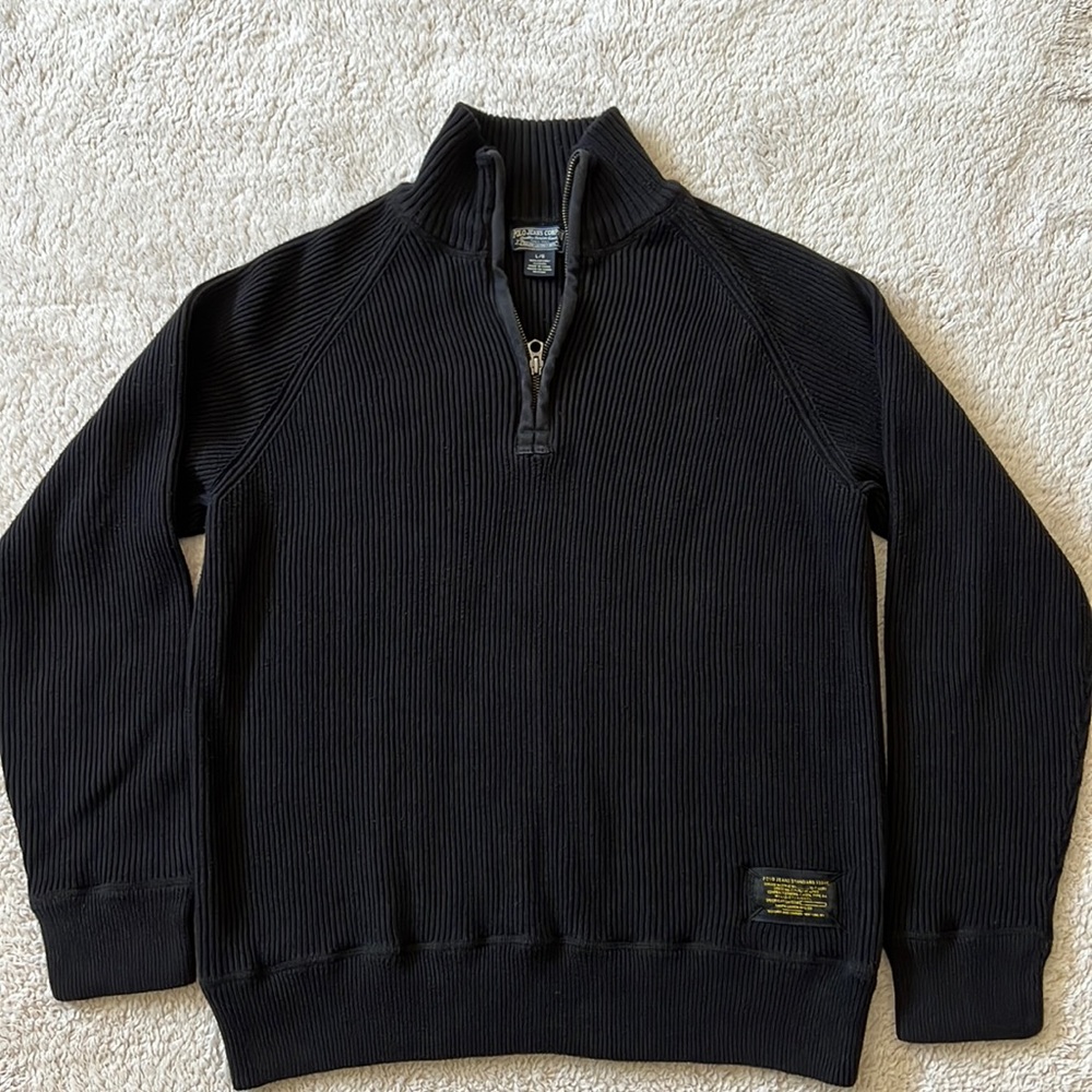 Ralph Lauren Polo Jean Company Black Mock Neck 1/4 Zip Pullover Sweater Size L